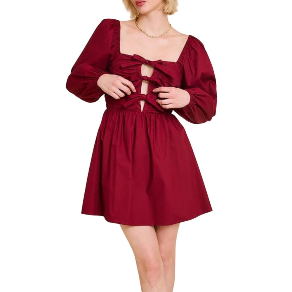 Le Lis NWT Burgundy Red Long Balloon Sleeves Bow Cutouts Ruched Mini Dress